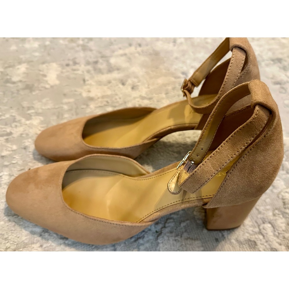 J.Crew Tan Suede Ankle Strap Block Heel Pumps Womens Size 9 Almond Toe Shoes